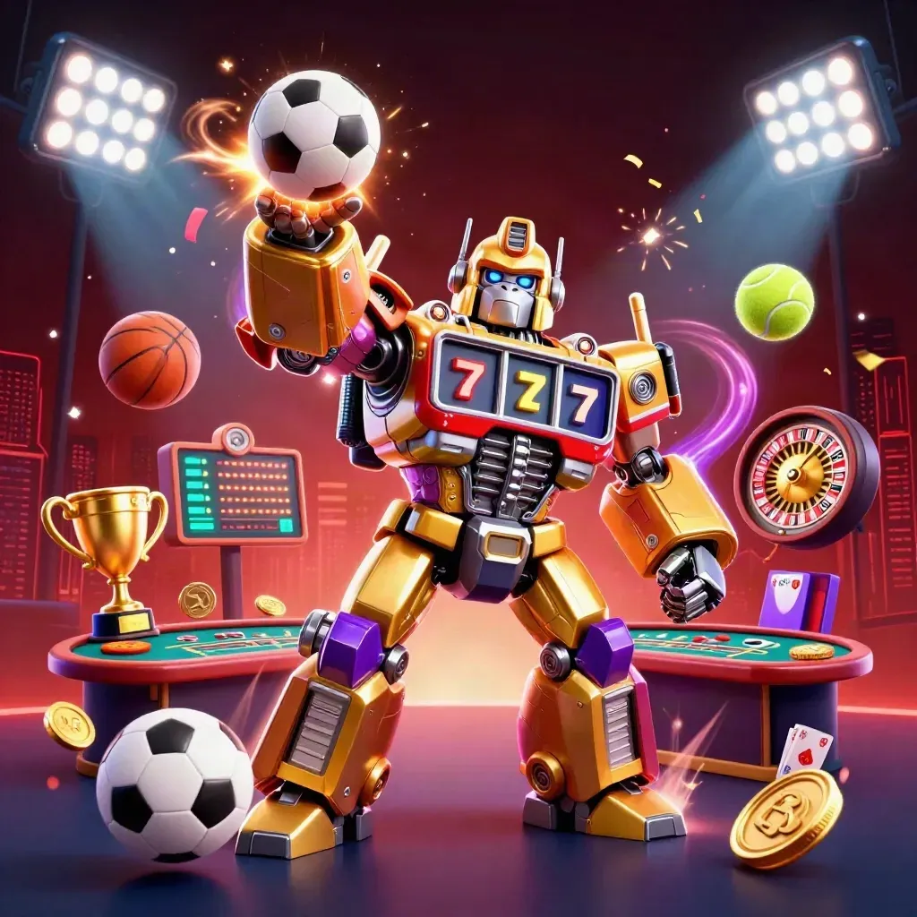 Golden gorilla mech with monkey pilot amid spinning sports balls, coins, fireworks, and casino props