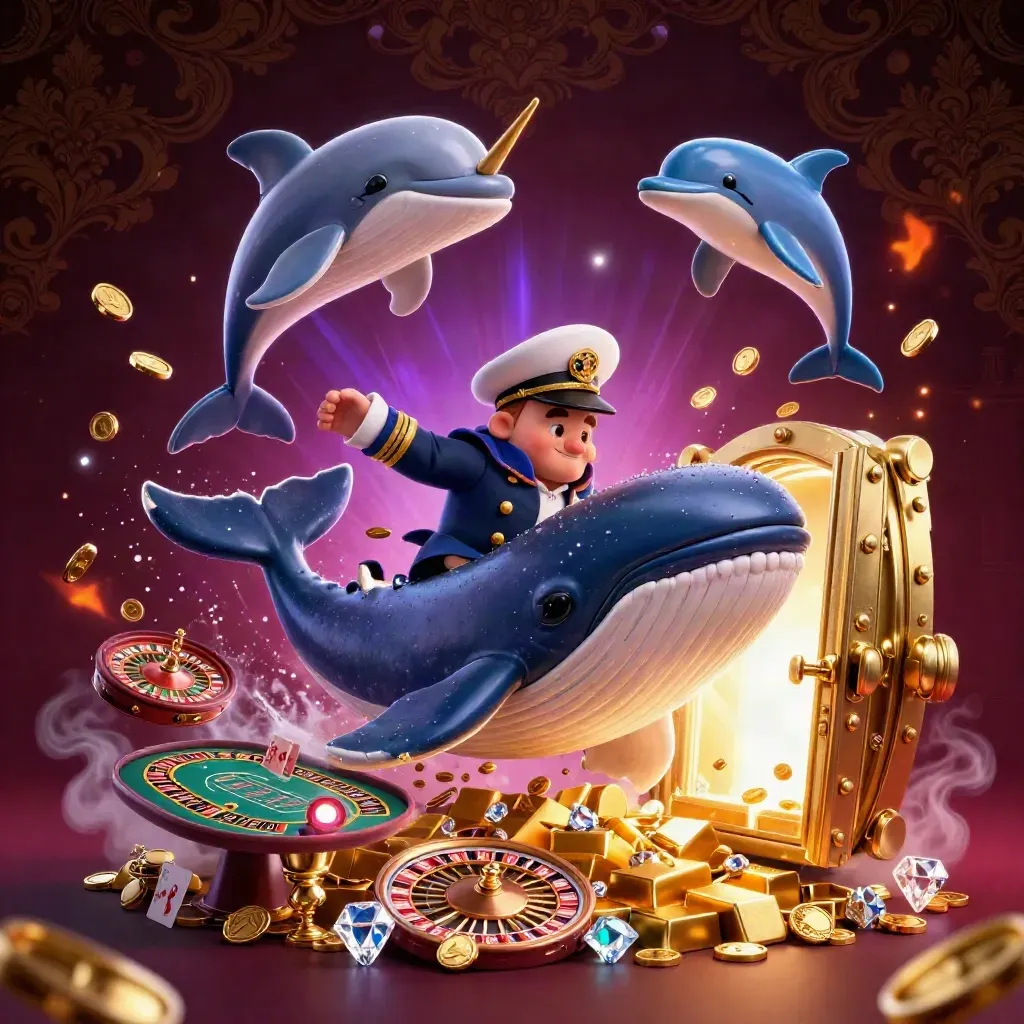 Whale captain, narwhal, and dolphins burst through coins with treasure and casino lights.
