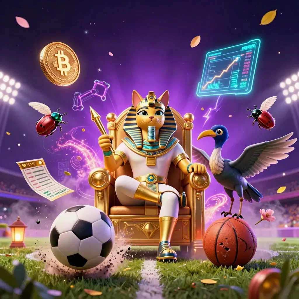 Pharaoh cat, ibis, and scarabs explode around a frozen soccer strike in neon casino light.