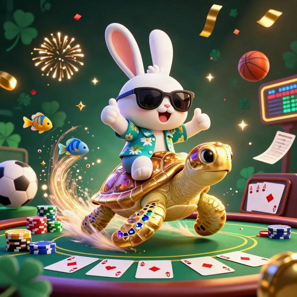 Rabbit on golden turtle amid poker chips, cards, confetti, fish, and neon casino lights.