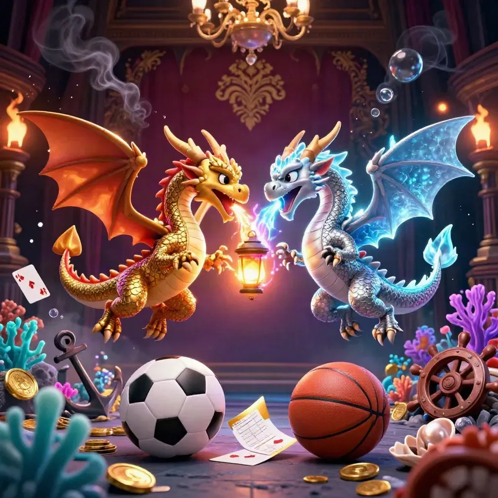 Twin dragons spiral over sports gear and casino treasures in neon glow.