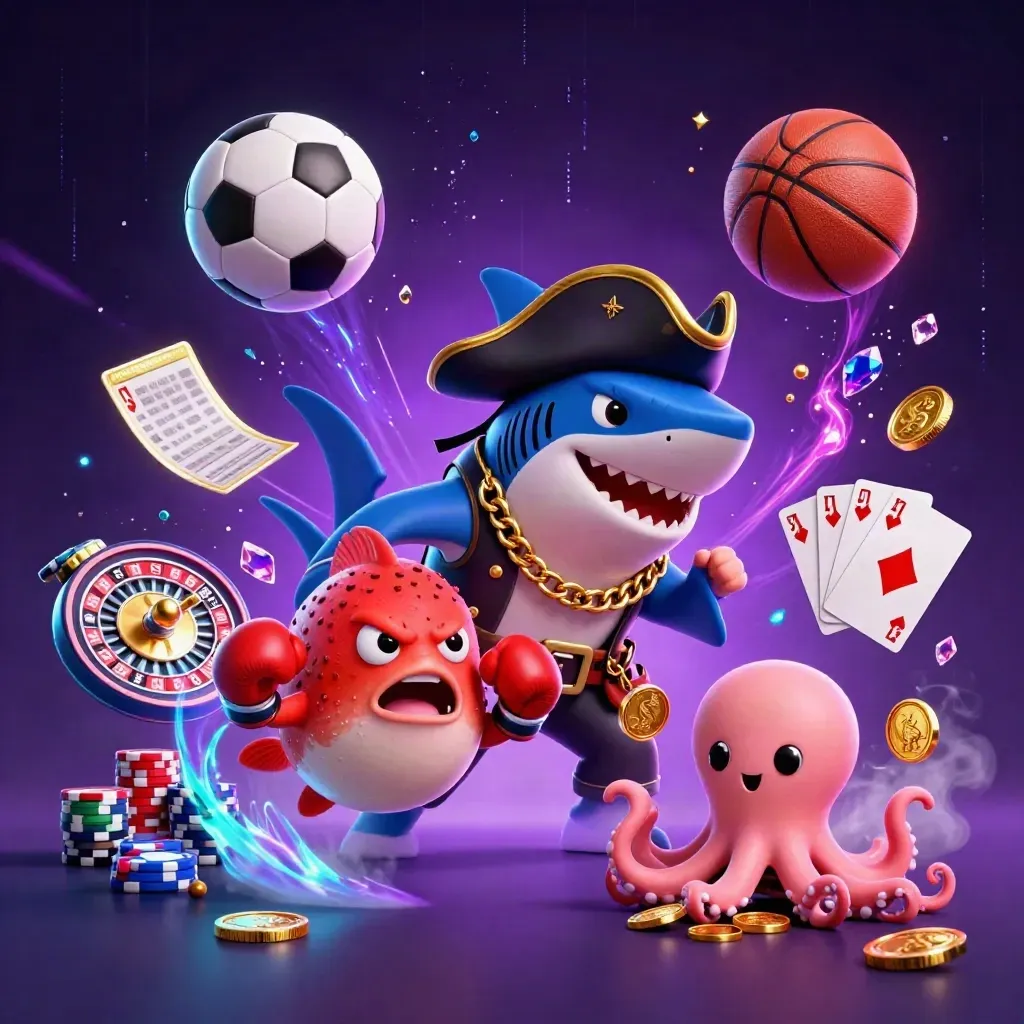 Pirate shark, red pufferfish, and baby octopus amid neon casino sports chaos and flying coins.