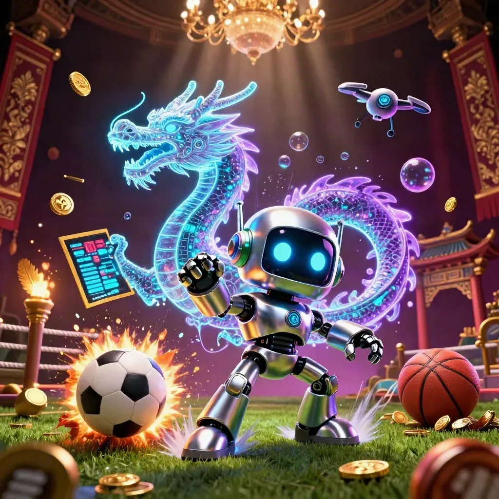Cyberpunk robot, holographic dragon and drone amid coins, balls and neon casino light.