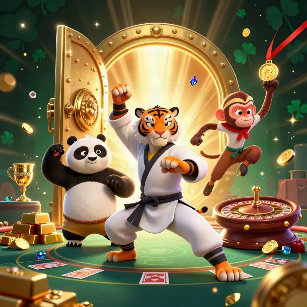 Kung-fu tiger, panda, and monkey amid casino gold, vault light, and neon effects