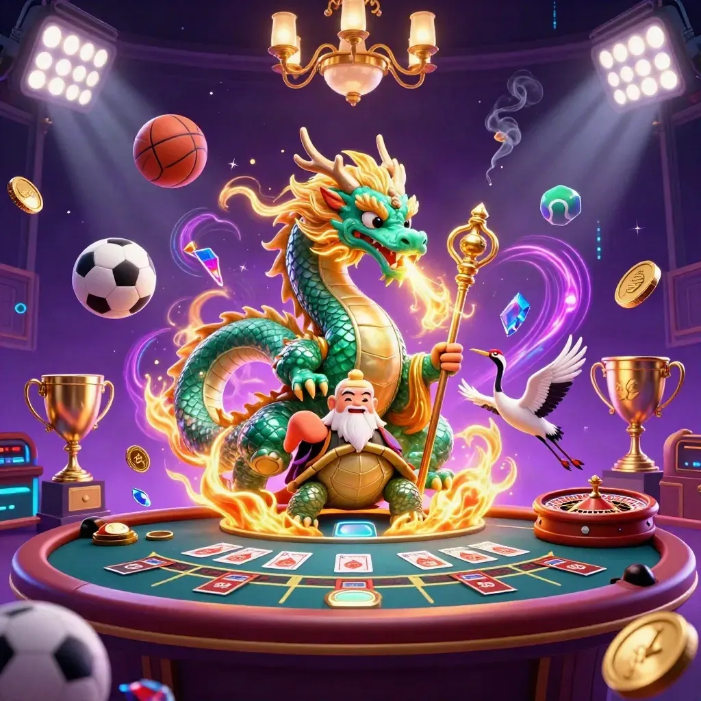 Emerald dragon, turtle sage, and cranes amid casino lights, coins, trophies, and neon magic.