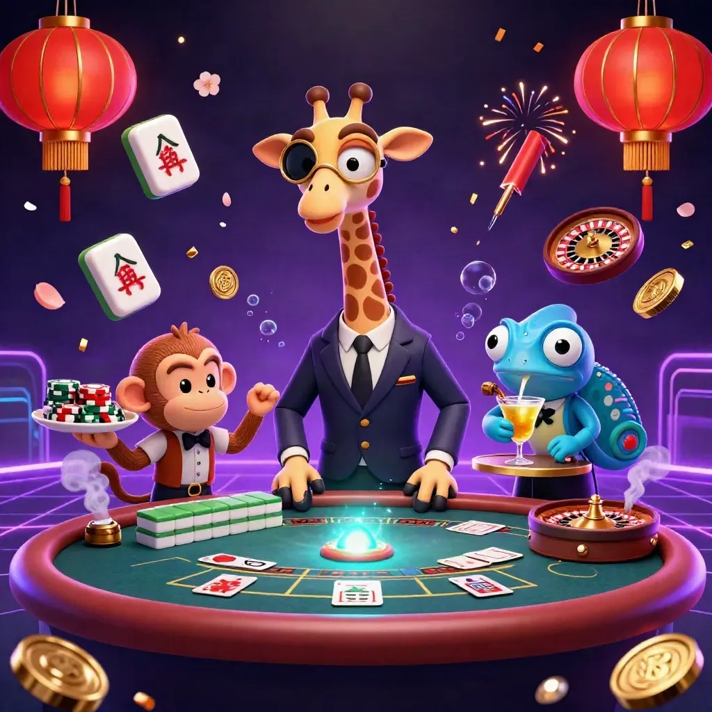 Cartoon giraffe, monkey valet, and chameleon bartender in a neon casino with spinning game props.