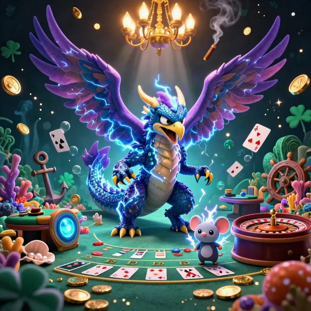 Neon dragon, hawk, and mouse in a luxe casino treasure cove with gold, brass, and lightning.