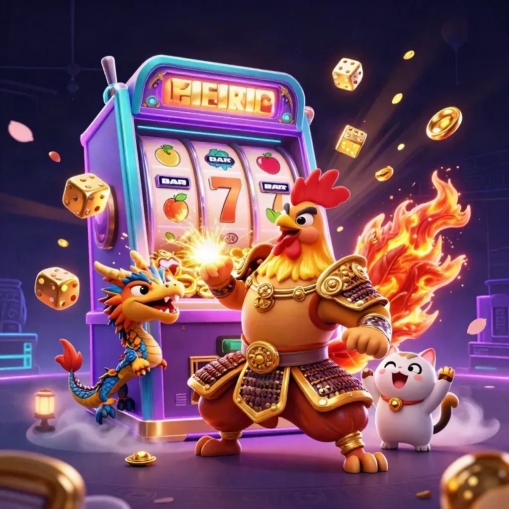 Rooster samurai, dragon hatchling and fortune cat amid exploding slots, gold and neon energy