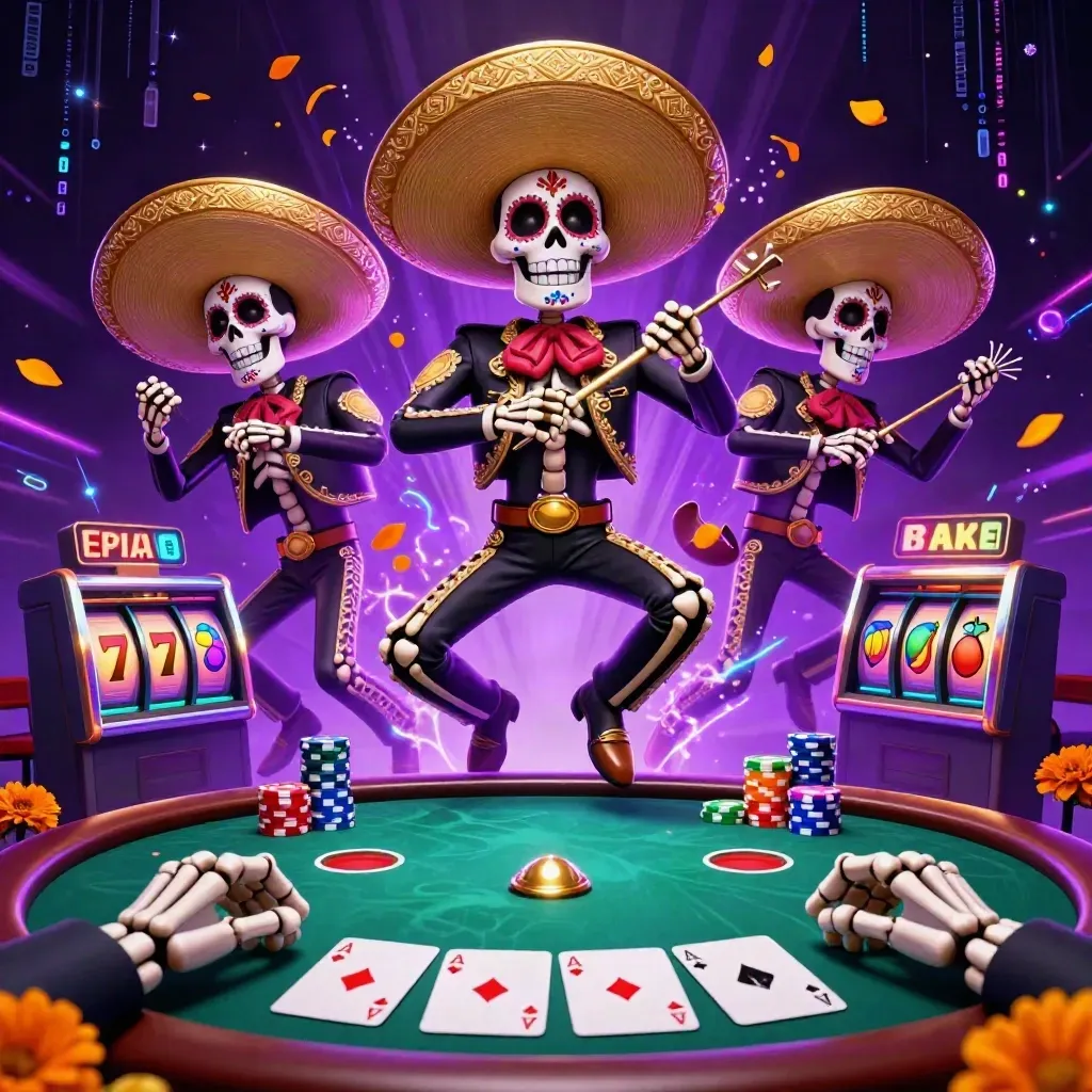 Skeleton mariachi trio in neon violet casino chaos with poker chips, cards, reels, and magic