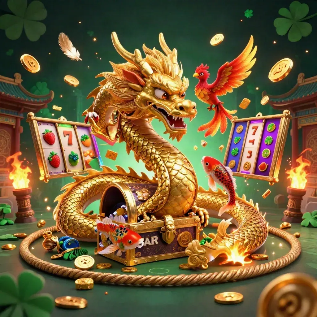 Golden dragon with phoenix and koi amid treasure, coins, firelight, shamrocks, and neon casino glow.