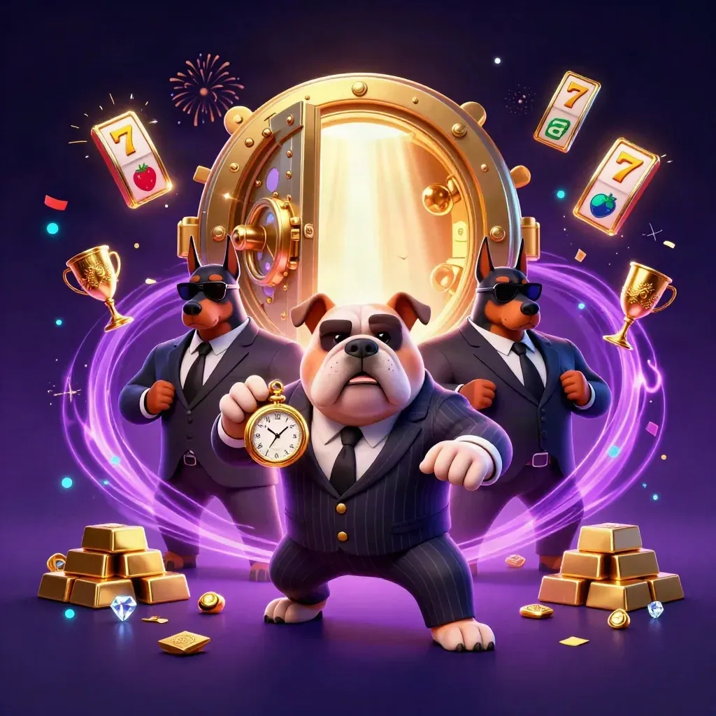Bulldog boss and two Dobermans burst from a glowing gold vault with jewels and casino symbols