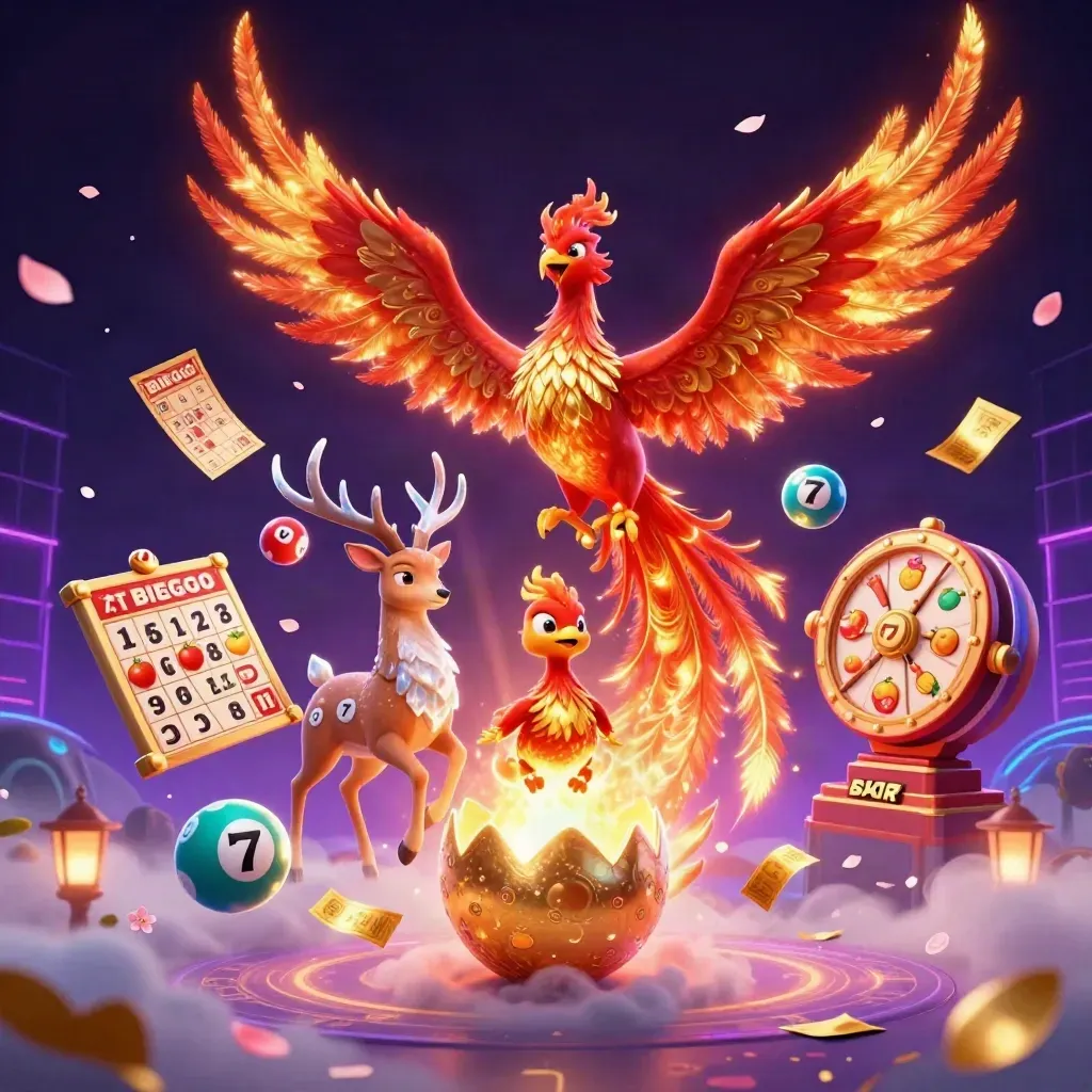 Fire phoenix, hatchling, and crystal stag amid casino bonus bursts and neon magic.