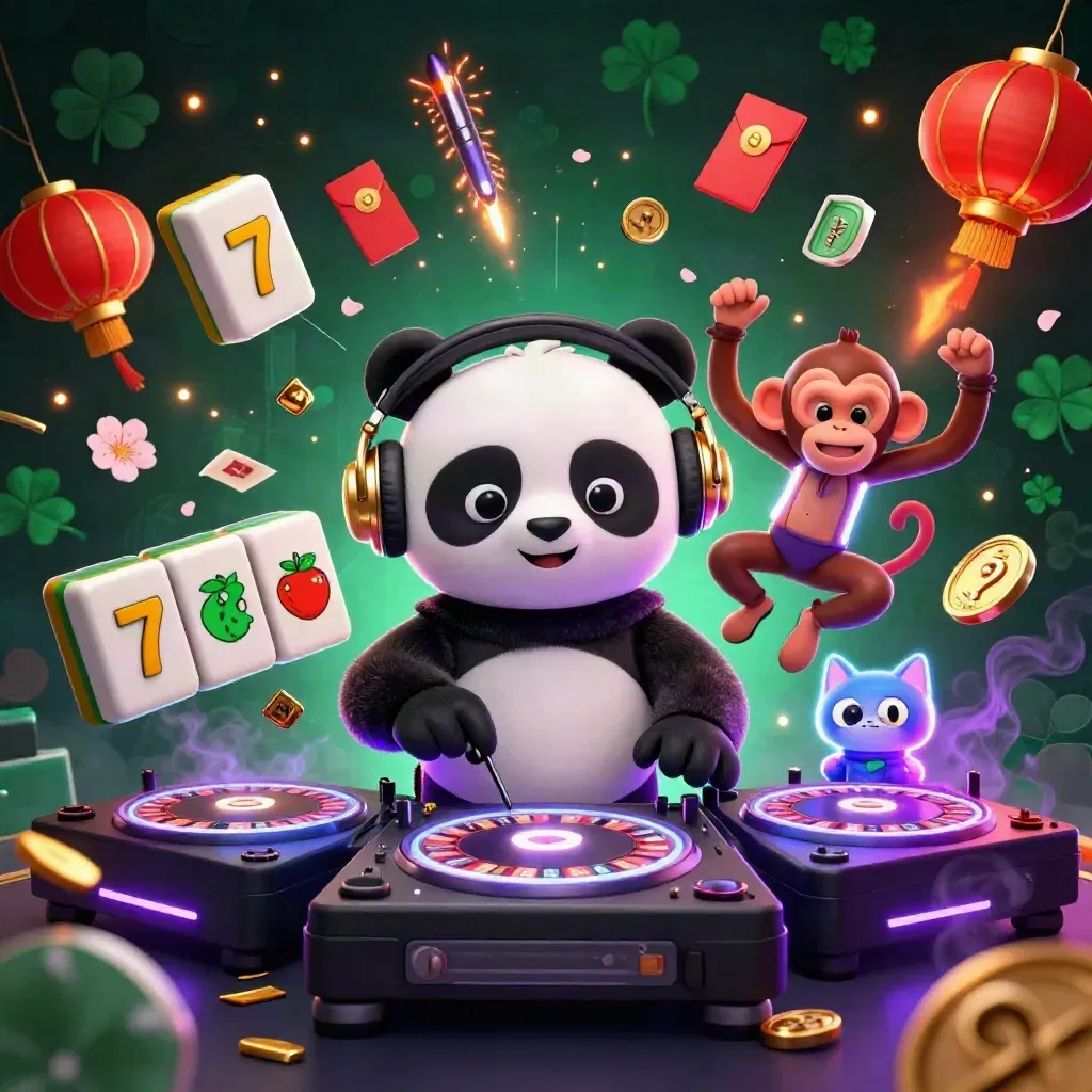 Neon panda DJ, dancing monkey, and rave kitten amid casino charms and emerald glow.