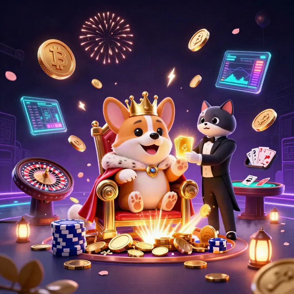 Royal corgi and cat butler amid coins, fireworks, neon chips, and casino icons