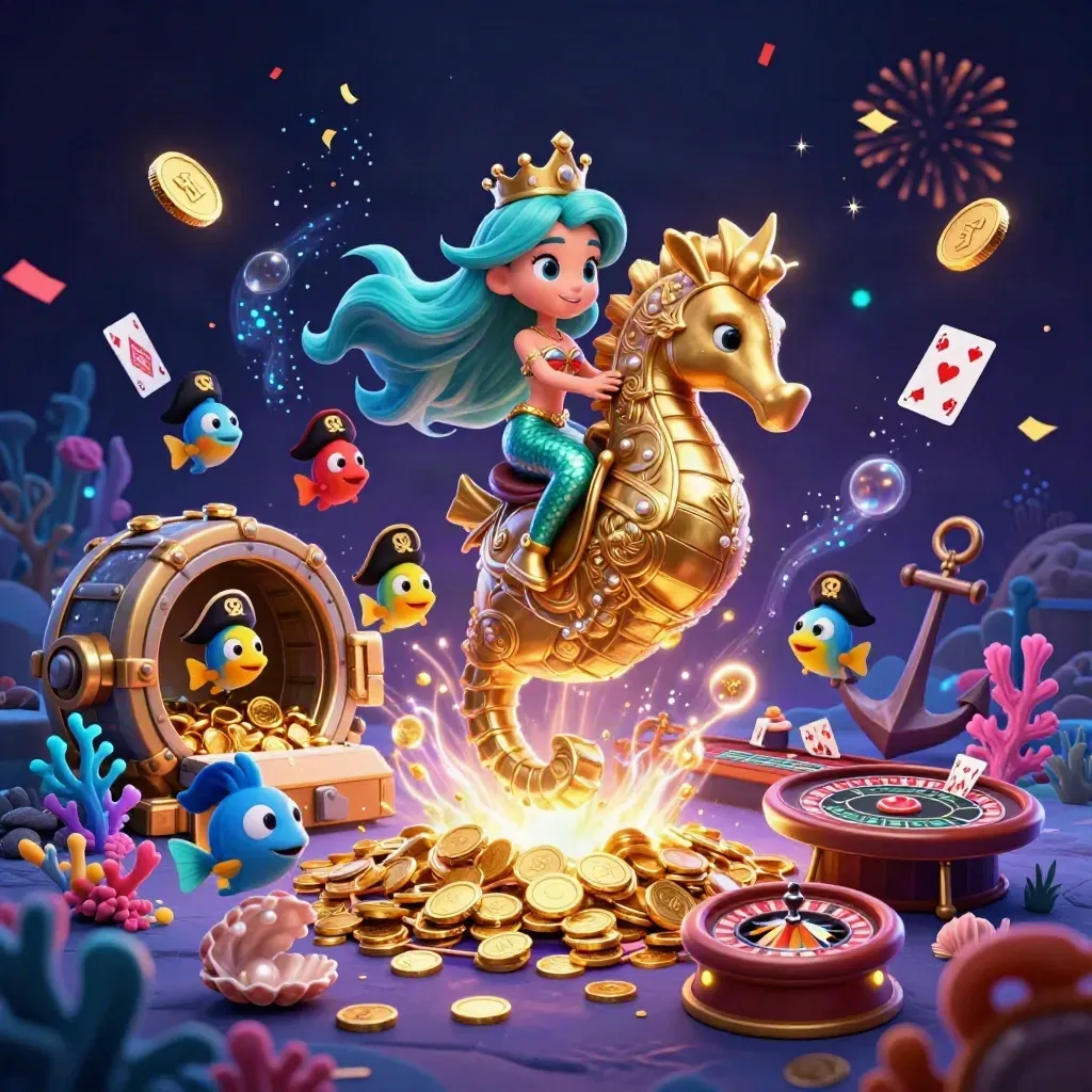 Mermaid princess on armored seahorse amid gold coins, fish, roulette wheel and casino magic.