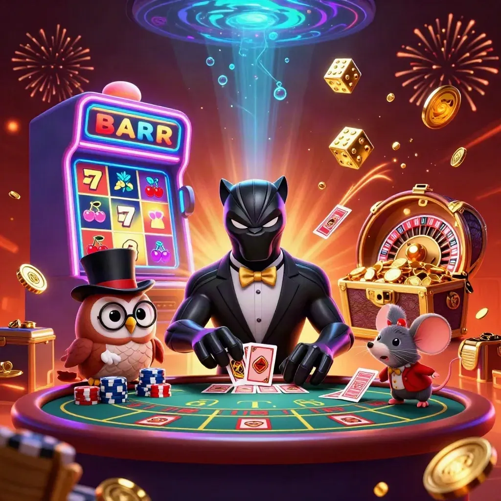 Black panther, owl, and mouse amid exploding slot symbols, gold coins, fireworks, and casino lights