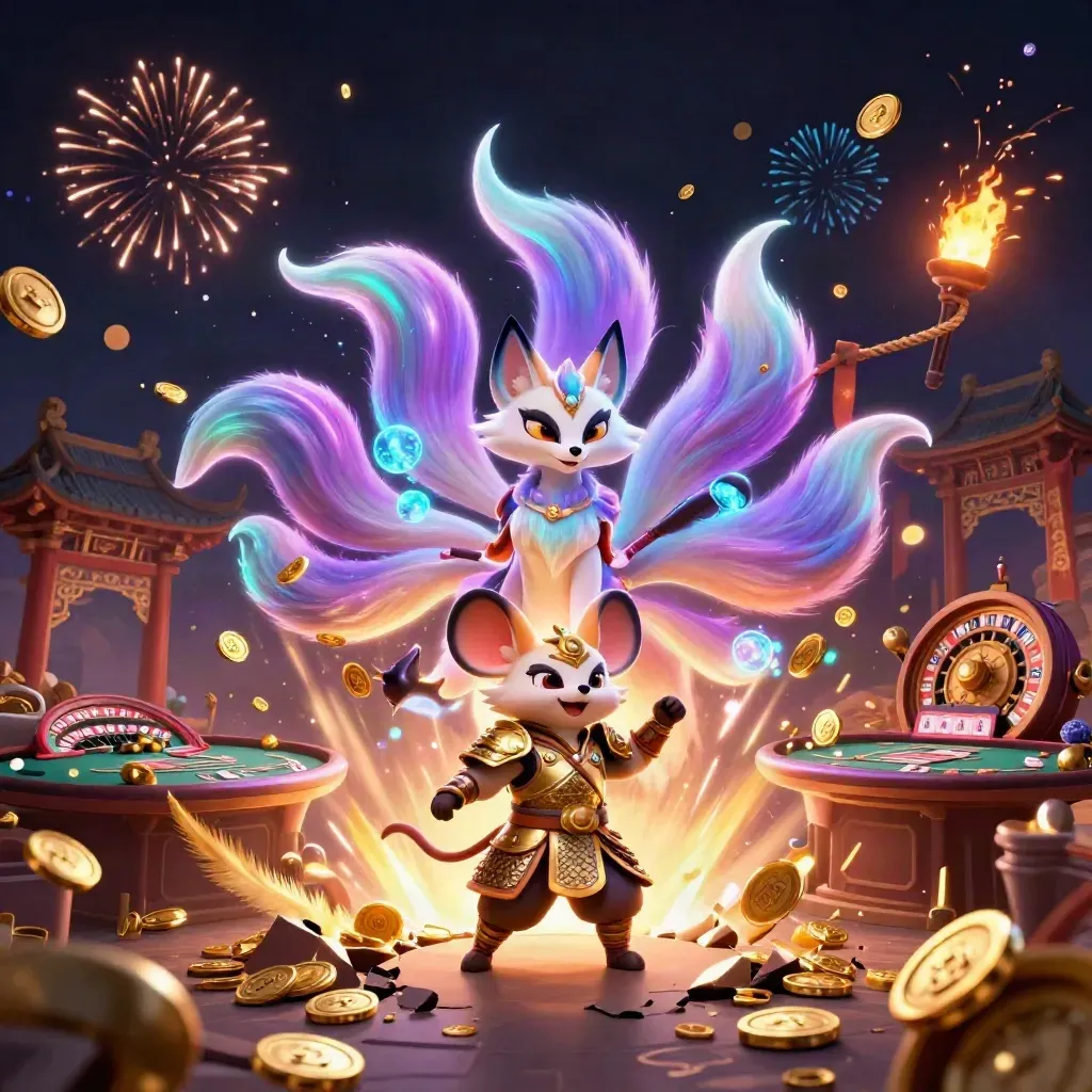 Fox spirit and armored mouse amid coins, fireworks, temple gate, roulette, and casino glow