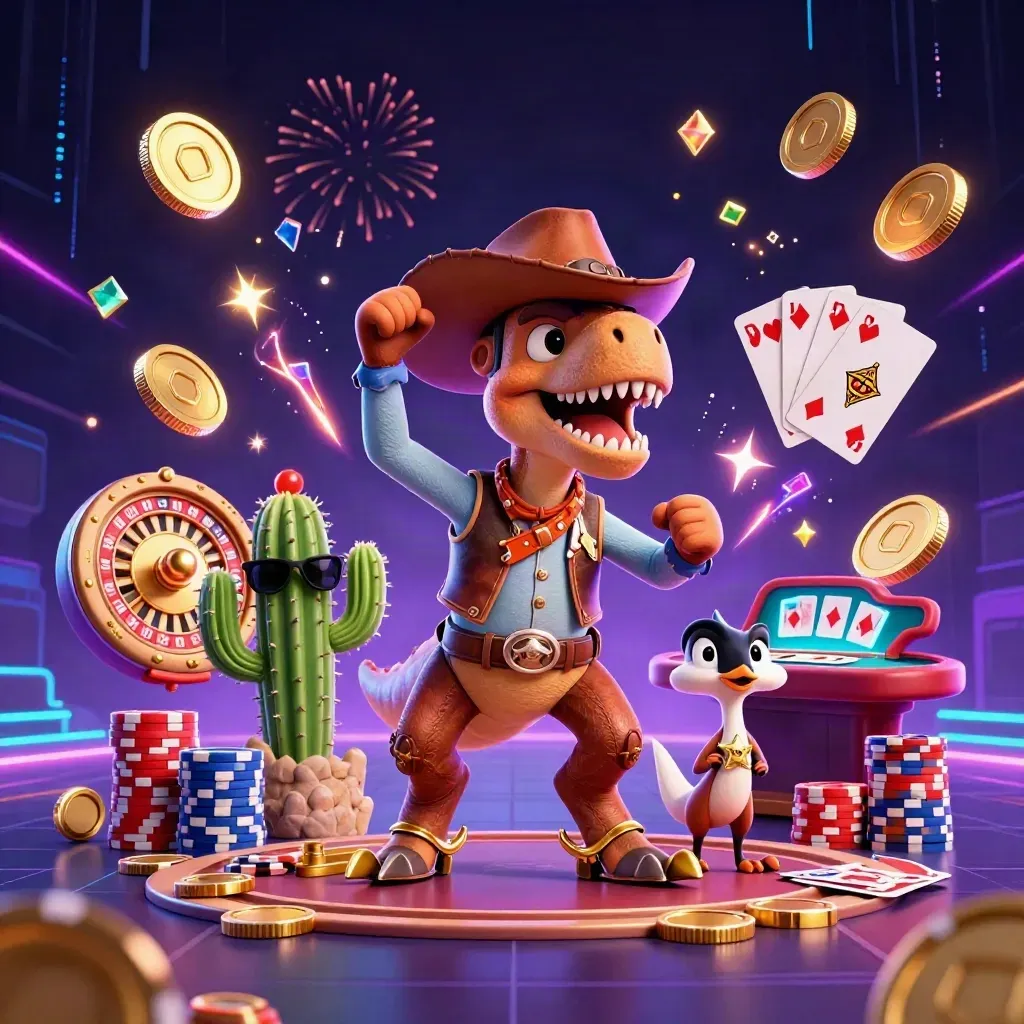 Cowboy T-Rex, cactus sidekick, and sheriff roadrunner in a neon casino jackpot blast.