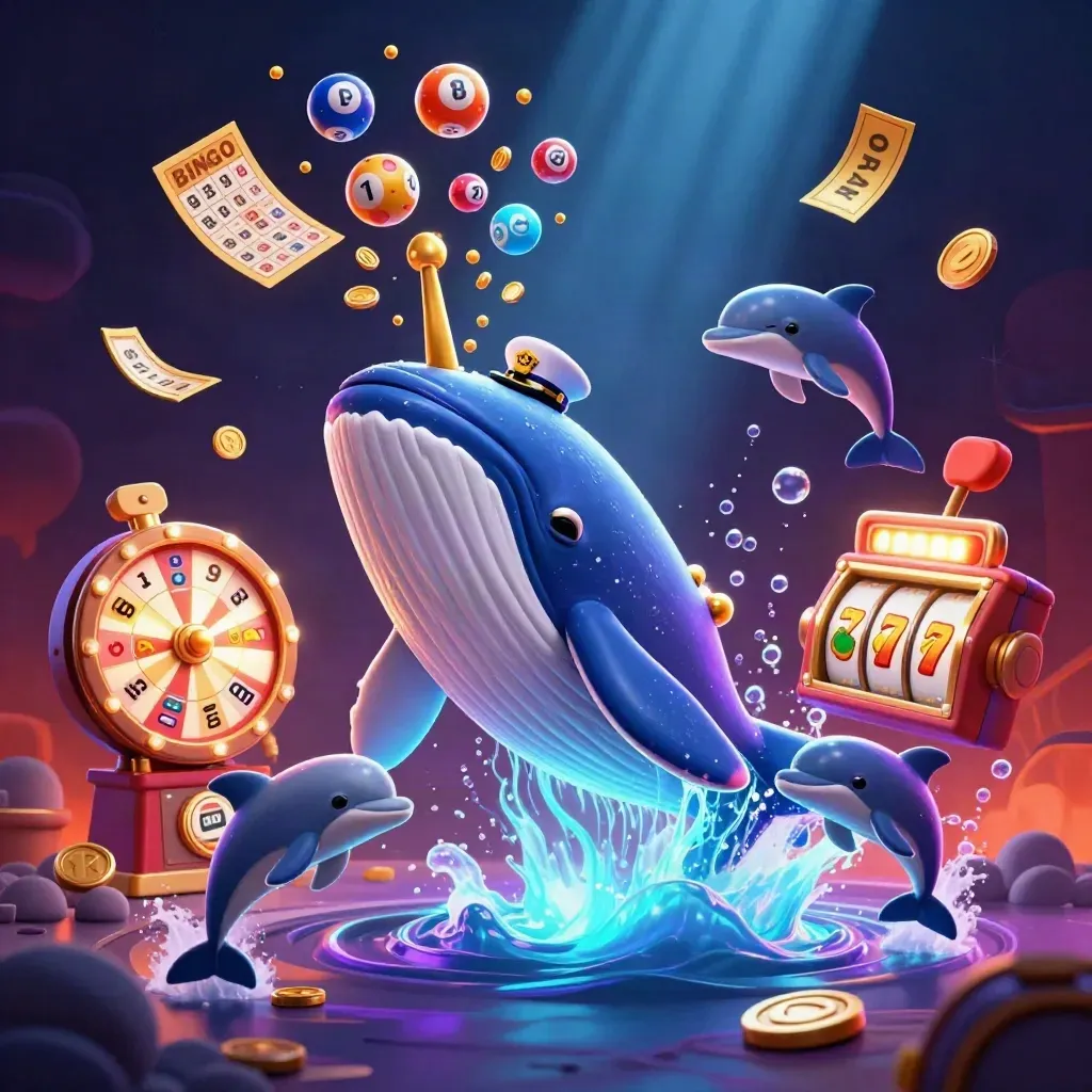 Neon casino whale captain, narwhal, and dolphins burst from coins with glowing gaming effects.