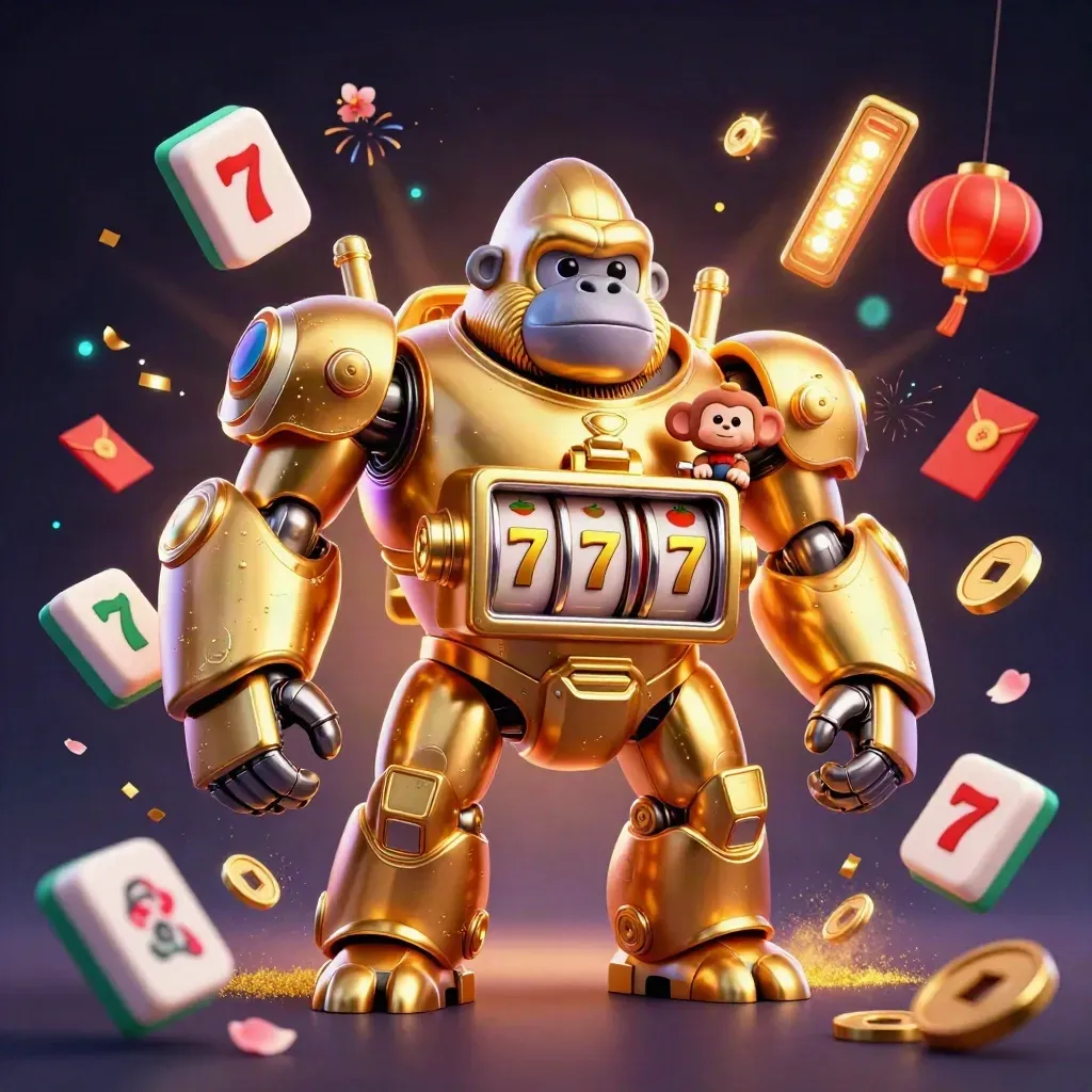 Golden gorilla slot mech with monkey pilot, reels, lanterns, coins, and neon casino effects