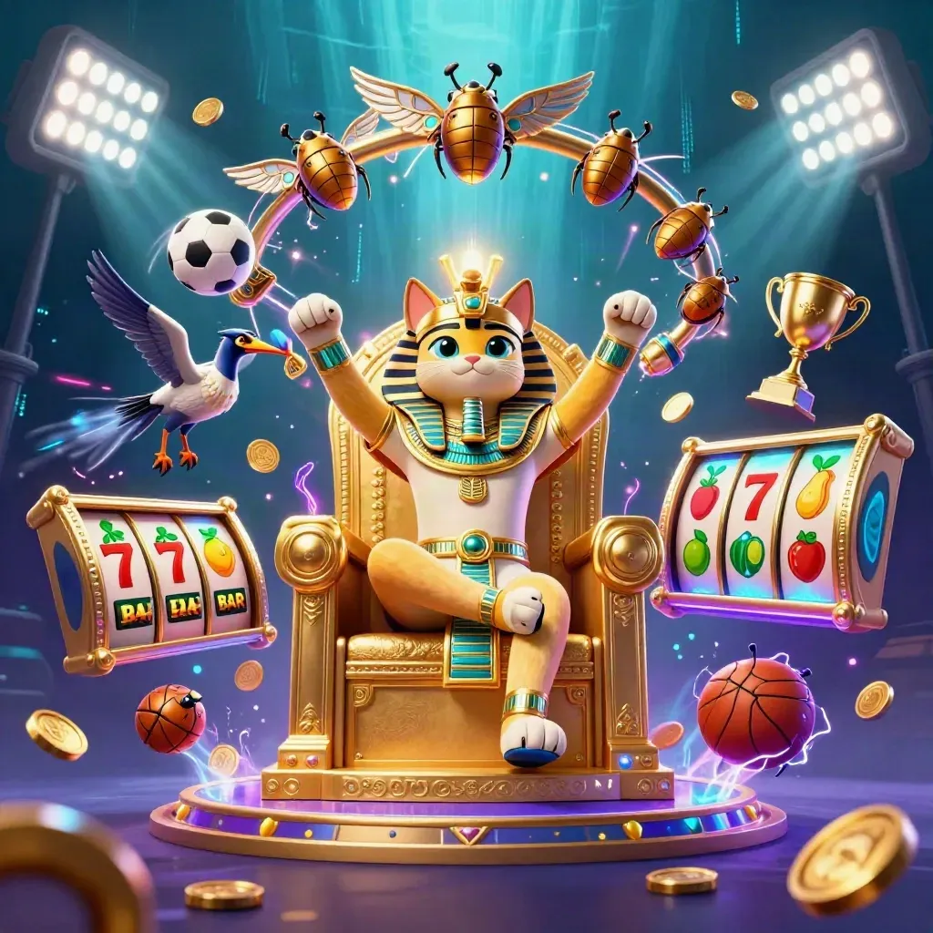 Pharaoh cat on a golden throne with ibis scribe and scarabs amid casino lights and flying game props.