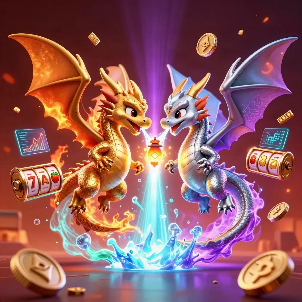 Gold and silver dragons spiral around casino coins, reels, and neon power effects.