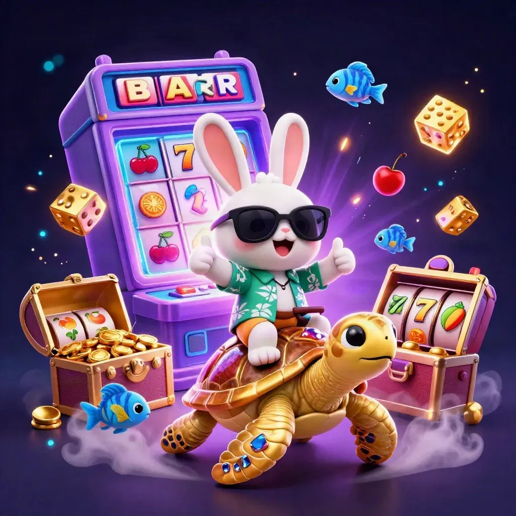 Rabbit in sunglasses rides a jeweled sea turtle as slot symbols and gold burst around them.