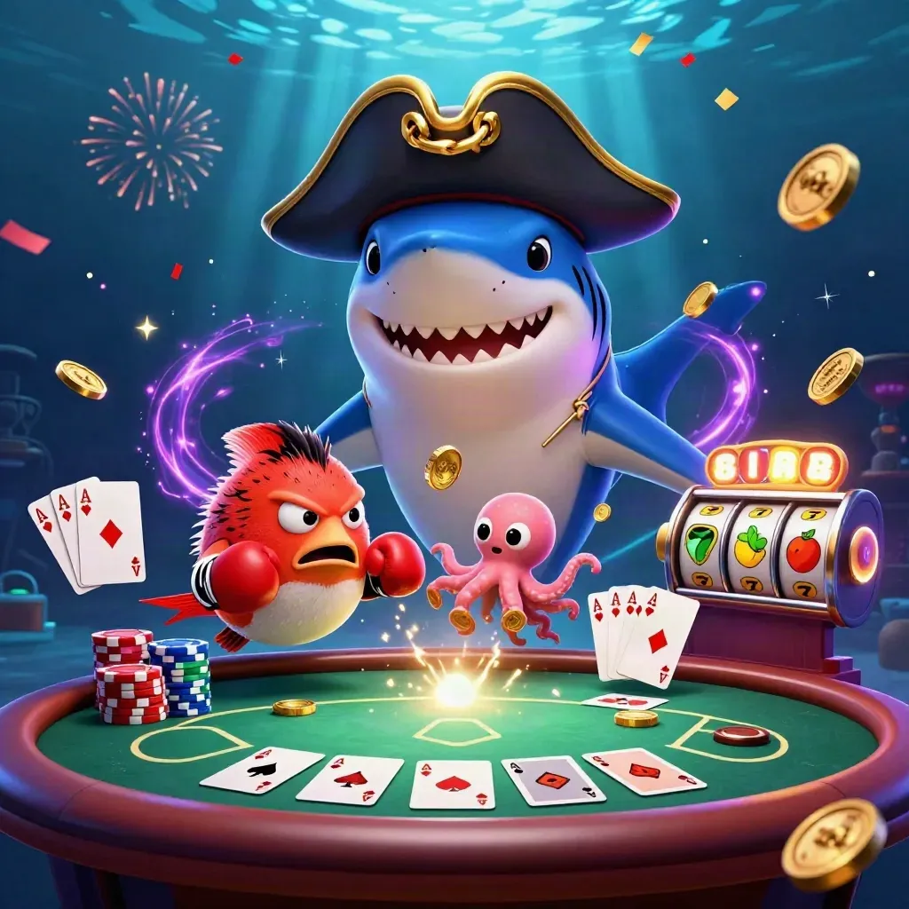 Shark pirate, pufferfish boxer, and octopus juggle coins around a neon poker table.