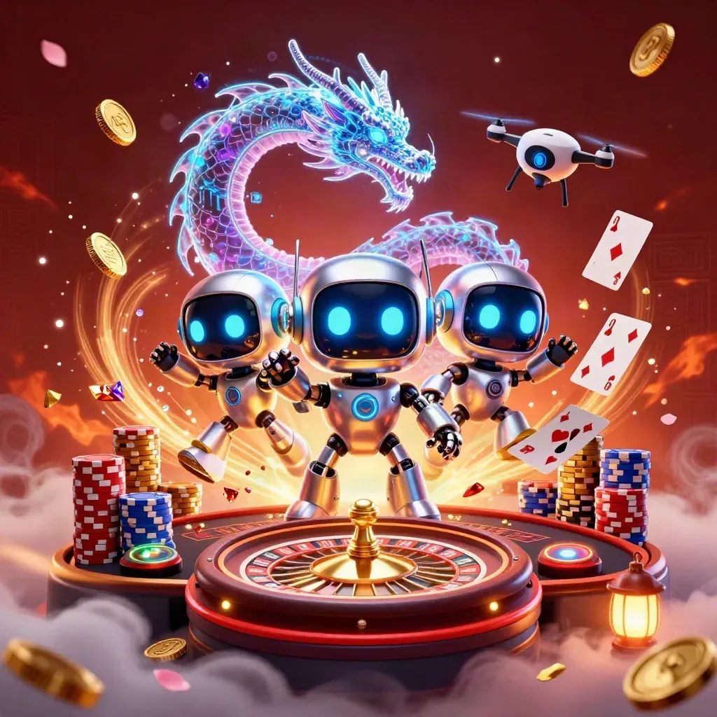 Cyberpunk robot, holographic dragon, and coin drone amid casino gold, chips, cards, and neon light.