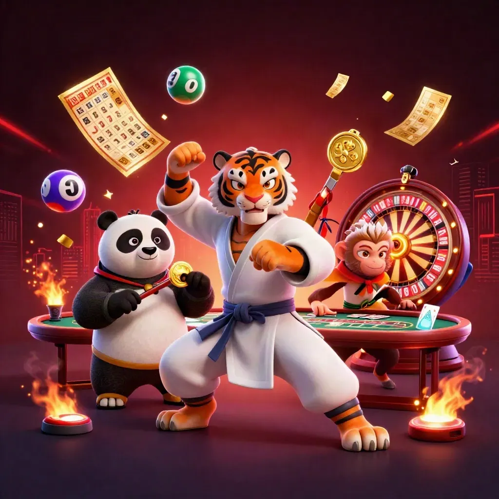 Tiger, panda and monkey casino mascots amid jackpot props and neon gold sparks.